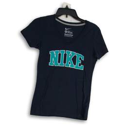 Nike Womens Navy Blue V-Neck Short Sleeve Slim Fit Pullover T-Shirt Size Small