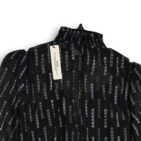 NWT Express Womens Black Silver Metallic Print Smocked Waist Blouse Top Size XS image number 4