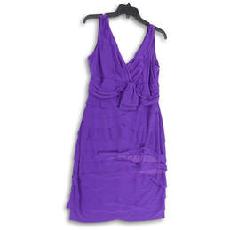 Womens Purple Sleeveless V-Neck Bow Ruffle Back Zip A-Line Dress Size 12