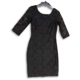 Womens Black Floral Lace 3/4 Sleeve Round Neck Back Zip Sheath Dress Size 6 alternative image