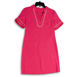 Womens Pink Split Neck Short Sleeve Back Zip Knee Length Shift Dress Sz 8