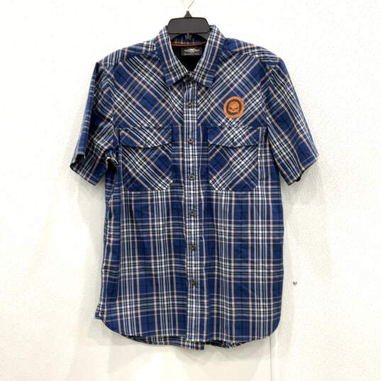 Mens Blue Short Sleeve Front Pocket Spread Collar Button Up Shirt Size L image number 1