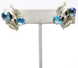 VTG Coro Silvertone Blue AB Rhinestones Leaf Screw Earrings & Swirl Brooch Set alternative image