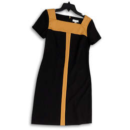 Womens Black Brown Square Neck Short Sleeve Knee Length Sheath Dress Size 4
