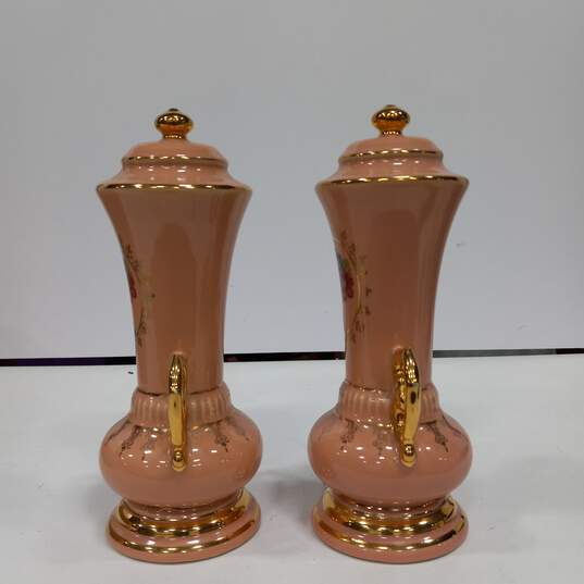 Pair of Vintage Mantle Urns Pink w/ Flowers image number 4