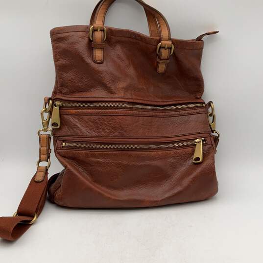 Fossil Womens Brown Leather Adjustable Strap Zipper Crossbody Bag Purse image number 4