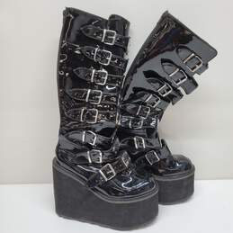 Demonia Black Leather Knee High Platform Wedge Boots
