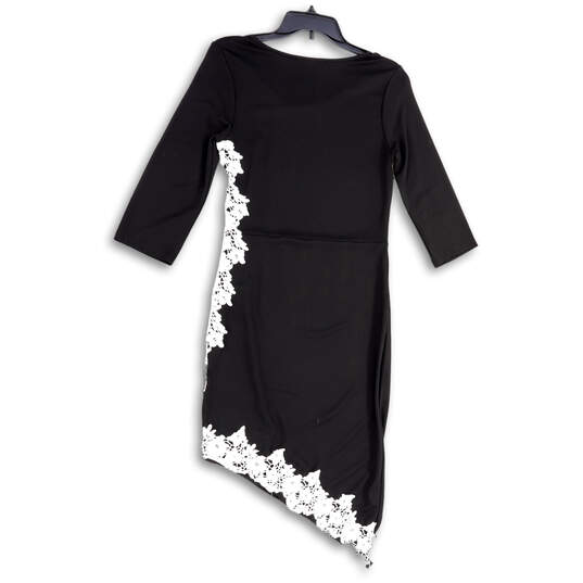 NWT Womens Black Lace Asymmetric Hem 3/4 Sleeve Bodycon Dress Size Medium image number 2