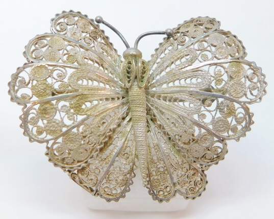 Romantic 925 Sterling Silver Filigree Butterfly & Flower Statement Brooches 35.3g image number 2