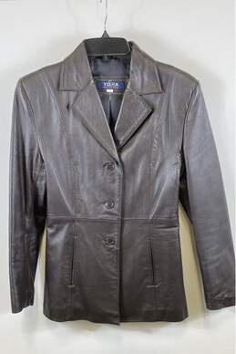 Yoga Collection Womens Brown Long Sleeve Collared Leather Jacket Size Small