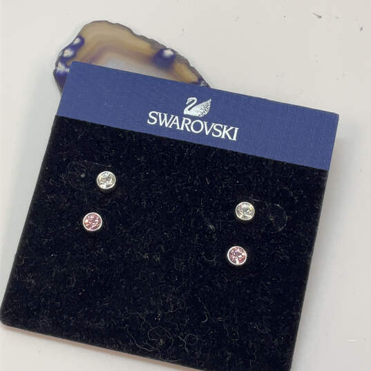 Designer Swarovski Silver-Tone Round Pierced Stone Stud Earrings Set image number 1