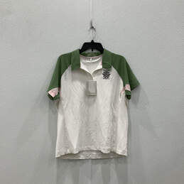 NWT Womens White Green Short Sleeve Spread Collar Button Polo Shirt Size XL