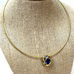 Designer Joan Rivers Gold-Tone Blue Crystal Stone Pendant Choker Necklace