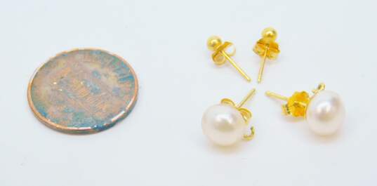 14K Yellow Gold Faux Pearl & Ball Stud Earrings 1.2g image number 6