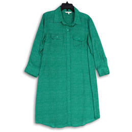 Womens Green Collared Roll Tab Sleeve Button Front Shirt Dress Size Large