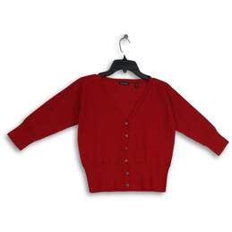 Tahari Womens Red Knitted Long Sleeve Cropped Button Front Cardigan Sweater Sz L