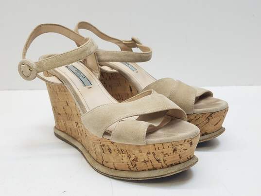 Prada Beige Pomice Wedge Sandals Women's Size US 6.5 EU 37.5 Authenticated image number 3