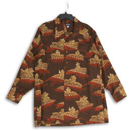 Mens Brown Red Printed Spread Collar Long Sleeve Button-Up Shirt Size XXL