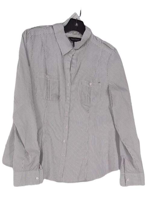 Womens White Striped Long Sleeve Collared Button Up Shirt Size 12 image number 1