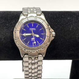 Designer Fossil AM-3099 Silver-Tone Chain Strap Blue Dial Analog Wristwatch