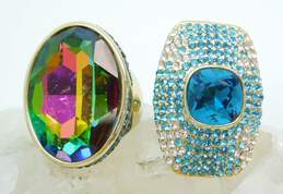 Akkad Goldtone Blue Rainbow & Clear Crystals Oval & Rectangle Chunky Statement Rings 43g