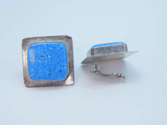 ATI Mexico & Artisan 925 Modernist Blue Faux Stone Square Clip On Earrings & Cut Out Kitten Cat Brooch 30.2g image number 2