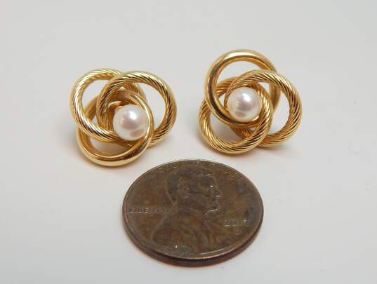 14K Gold White Pearl Post Earrings & Rope & Smooth Interlocking Circles Enhancer Jackets 2.9g image number 2
