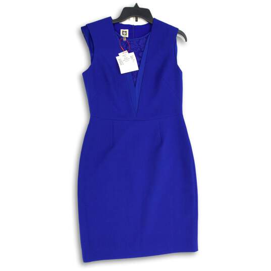 NWT Anne Klein Womens Blue Lace Round Neck Back Zip Sheath Dress Size 8 image number 1
