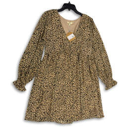 NWT Womens Tan Gray Leopard Print V-Neck Balloon Sleeve A-Line Dress Size S