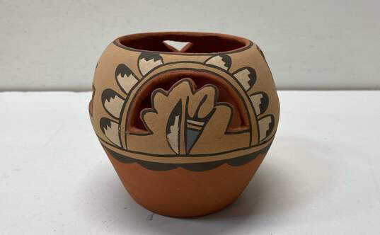 Native American Pottery and Textile Small Rug Vintage Pueblo Vase Signed Jemez image number 2