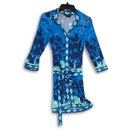 NWT BCBGMAXAZRIA Womens Blue Floral Long Sleeve Tie Waist Sheath Dress Size XS