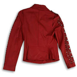 Womens Red Leather Long Sleeve Collared Full-Zip Motorcycle Jacket Size S alternative image
