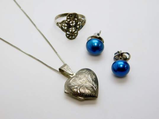 Romantic 925 Etched Filigree Heart Locket Pendant Necklace Blue Pearl Post Earrings & Cut Outs Ring 10.4g image number 1