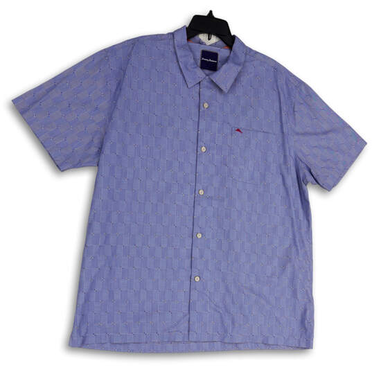 Mens Blue Spread Collar Chest Pocket Short Sleeve Button-Up Shirt Size XXL image number 1