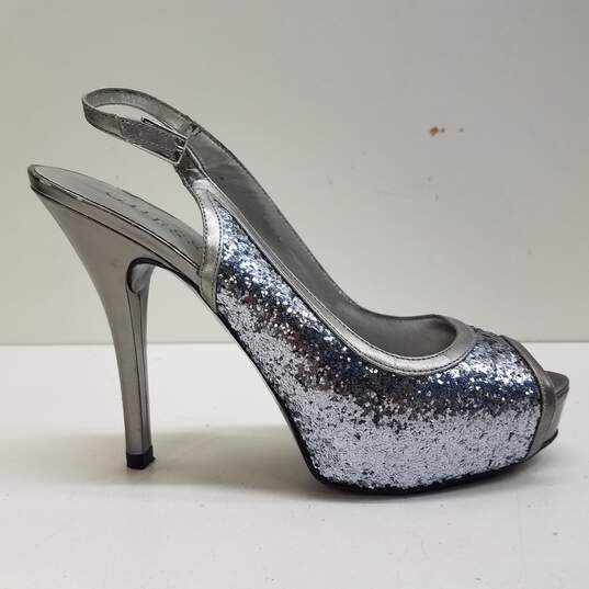 Guess Silver Sparkle Open Toe Heels Women's Size 7M image number 1
