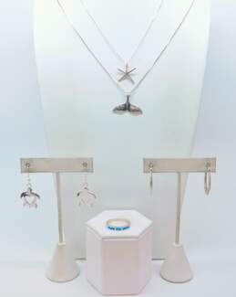 Beachy 925 Whale & Starfish Pendant Necklaces Puffed Hoop & Heart Sea Turtle Drop Earrings & Opal Band Ring 20.2g