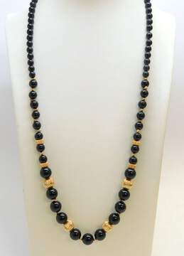 14K Yellow Gold Beads & Clasp Graduated Onyx Necklace 41.7g
