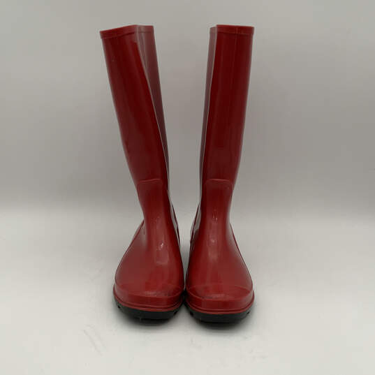 Womens Red Rubber Round Toe Block Heel Comfort Pull-On Rain Boots Size 7 image number 1