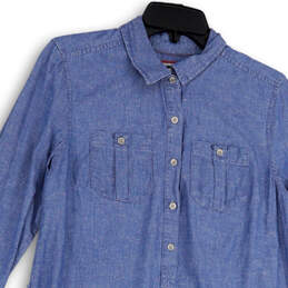 Womens Blue Long Sleeve Spread Collar Button Front Shirt  Dress Size Small