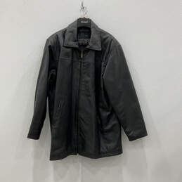 Mens Black Leather Long Sleeve Spread Collar Full-Zip Jacket Size XL