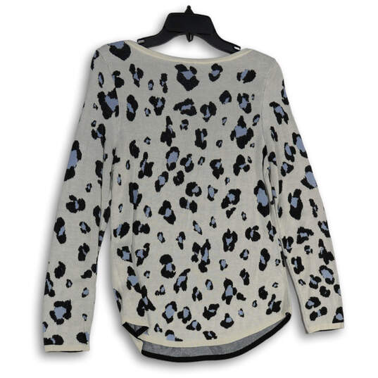 Womens Blue White Leopard Print Boat Neck Long Sleeve Pullover Sweater Sz 0 image number 2