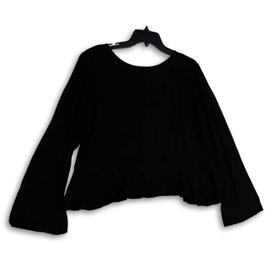 Womens Black Round Neck Long Sleeve Hi-Low Hem Pullover Blouse Top Size M image number 2