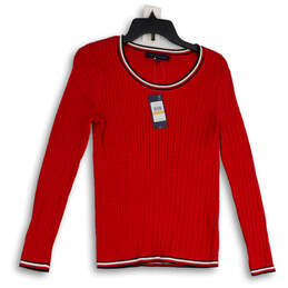 NWT Womens Red Knitted Round Neck Long Sleeve Pullover Sweater Size S