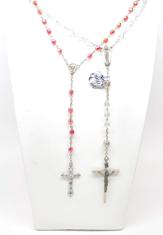 Clear & Red Aurora Borealis & Silver Tone Rosary Prayer Beads 55.1g image number 1