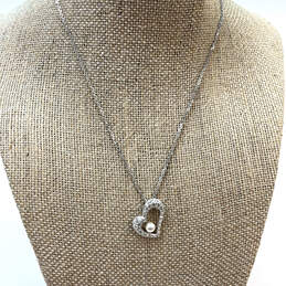 Designer Swarovski Silver-Tone Link Chain Heart Pearl Pendant Necklace