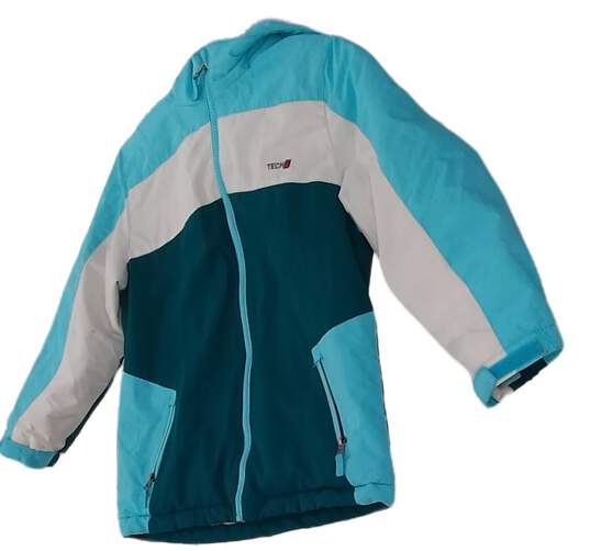 Girls Blue White Long Sleeve Hooded Windbreaker Jacket Size Small image number 1