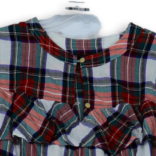 Womens Multicolor Plaid Long Sleeve Round Neck Button Blouse Top Size XS image number 3