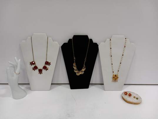 Assorted Faux Pearls, Red & Gold Tones Fashion Jewelry Lot of 6 image number 1