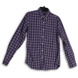 Mens Blue Gray Plaid Collared Long Sleeve Button-Up Shirt Size Medium