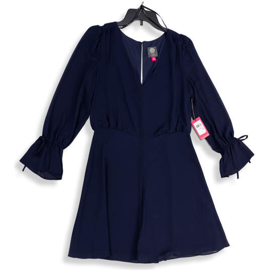 NWT Womens Blue V-Neck Long Sleeve Back Zip Shift Dress Size 8 image number 1